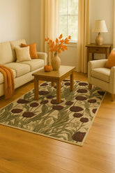 Elegant autumn rug featuring dark tulips and green leafy stems.